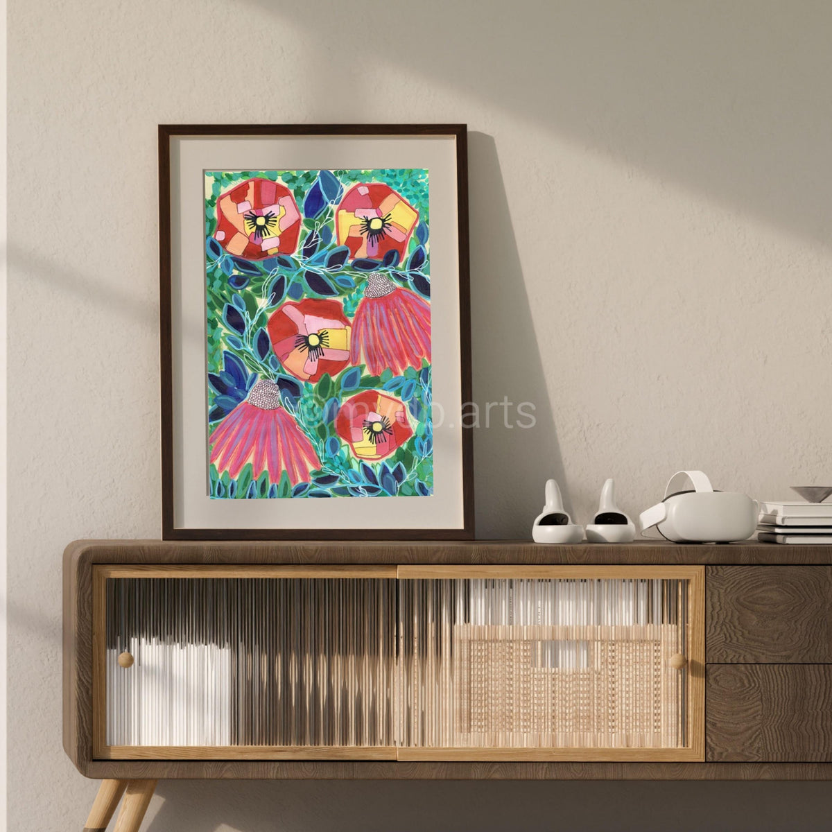 Techno Pansies Coral Green Floral Art Print | Maximalist Bold Wall Decor (A3 Instant Download)