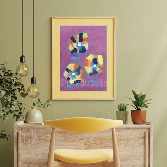 Techno Pansies Purple Bold Floral Art Print | Maximalist Bold Wall Decor (A3 Instant Download)