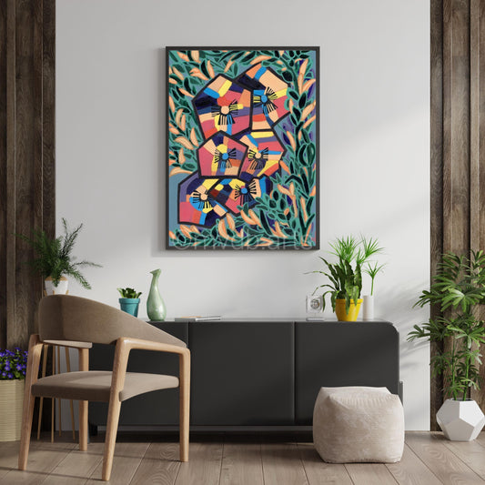 Techno Pansies Teal Garden Floral Art Print | Maximalist Bold Wall Decor (A3 Instant Download)