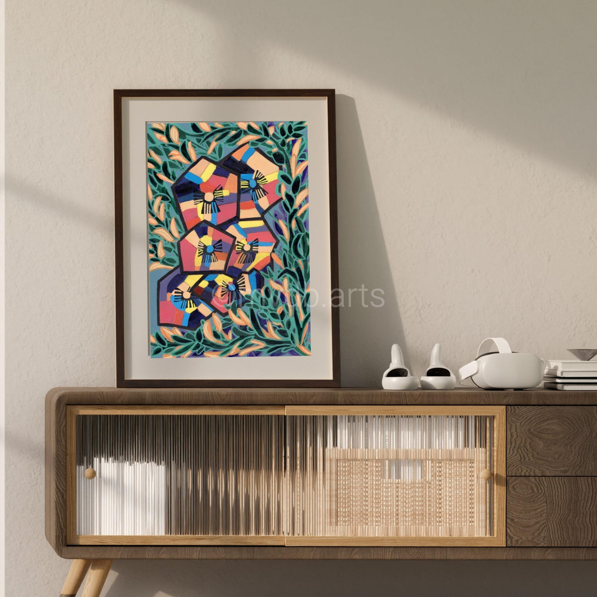 Techno Pansies Teal Garden Floral Art Print | Maximalist Bold Wall Decor (A3 Instant Download)