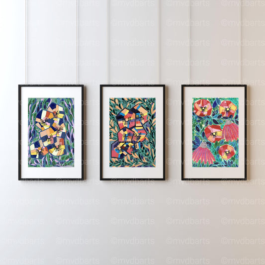 Techno Pansies Coral Green Floral Art Print | Maximalist Bold Wall Decor (A3 Instant Download)