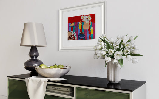 Bright And Early Breakfast (Red Background) Art Print | Maximalist Bold Wall Decor (A3 Instant Download)