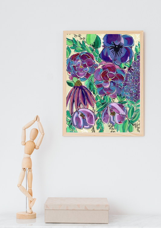 Violet Gardens Geometric Floral Art Print | Maximalist Bold Wall Decor (A5 Instant Download)