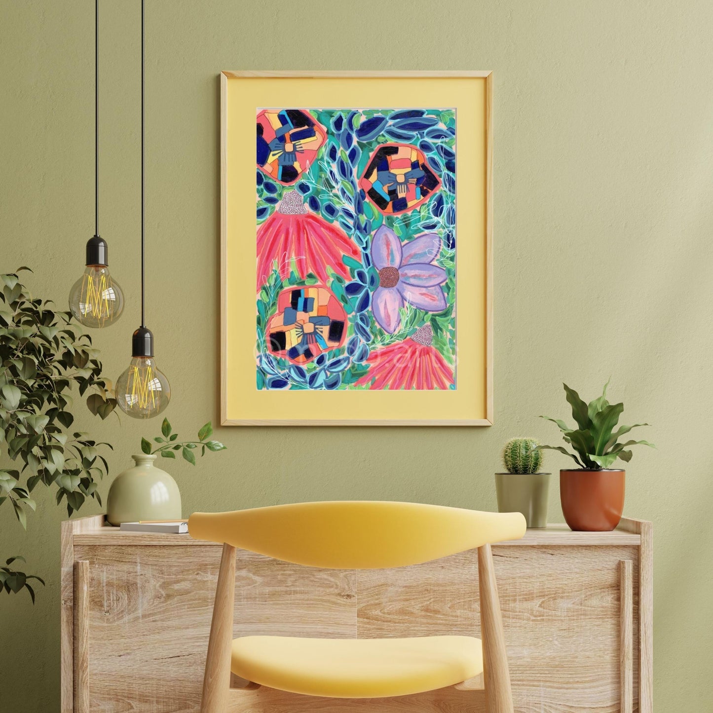 Techno Pansies Pink Echinacea Floral Art Print | Maximalist Bold Wall Decor (A3 Instant Download)