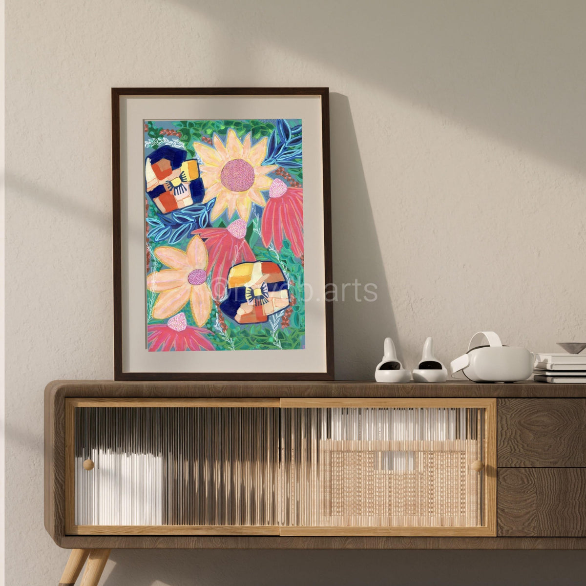 Techno Pansies Yellow Sunflower Floral Art Print | Maximalist Bold Wall Decor (A3 Instant Download)