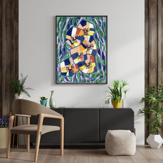 Techno Pansies Navy Geometric Floral Art Print | Maximalist Bold Wall Decor (A3 Instant Download)
