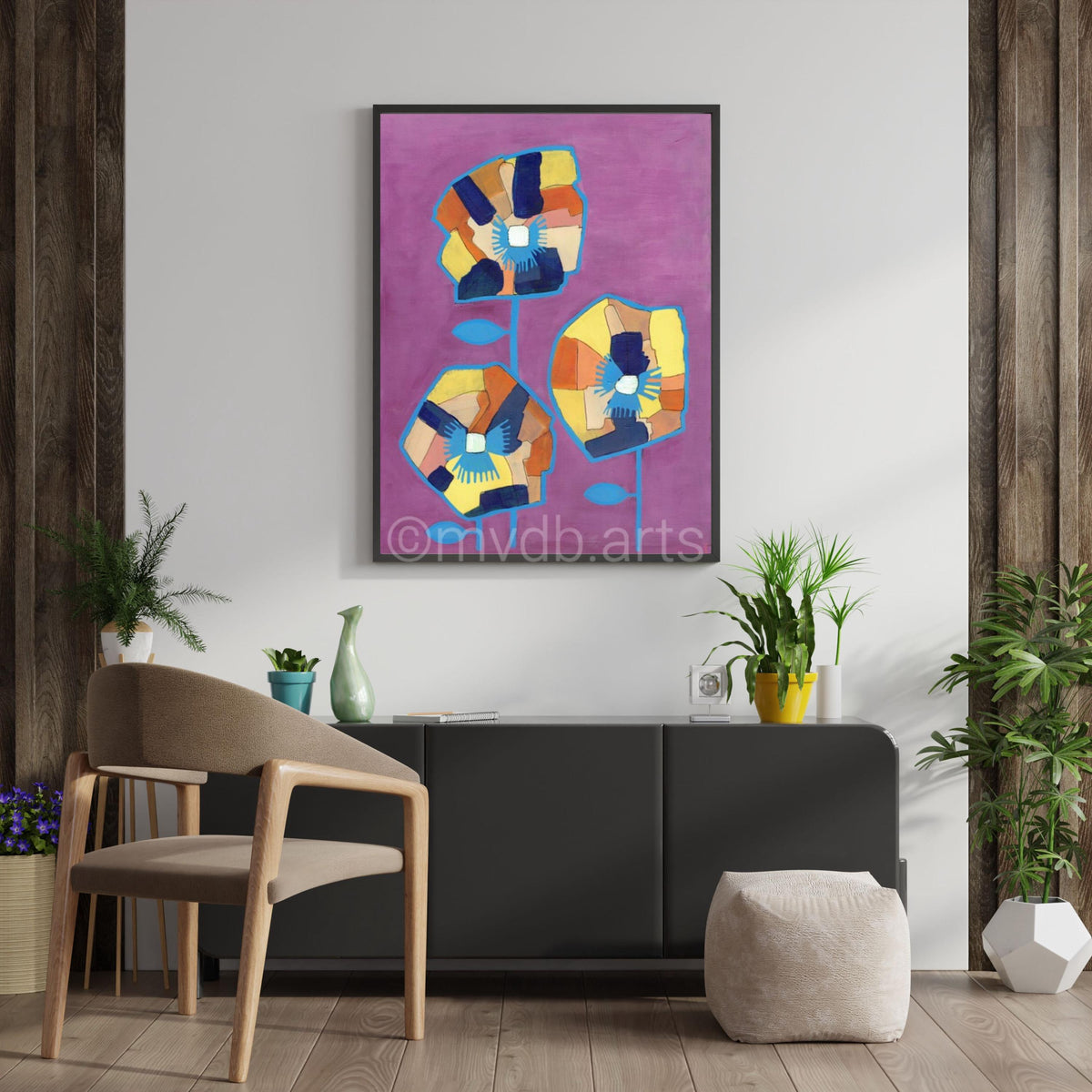 Techno Pansies Purple Bold Floral Art Print | Maximalist Bold Wall Decor (A3 Instant Download)