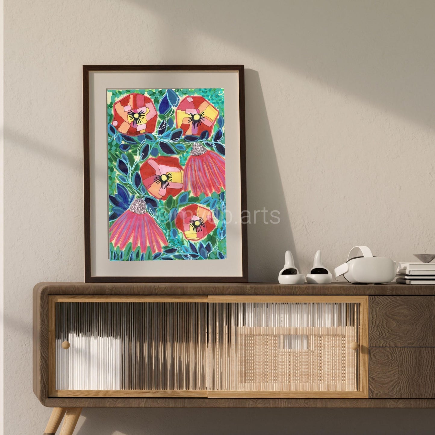 Techno Pansies Coral Green Floral Art Print | Maximalist Bold Wall Decor (A3 Instant Download)