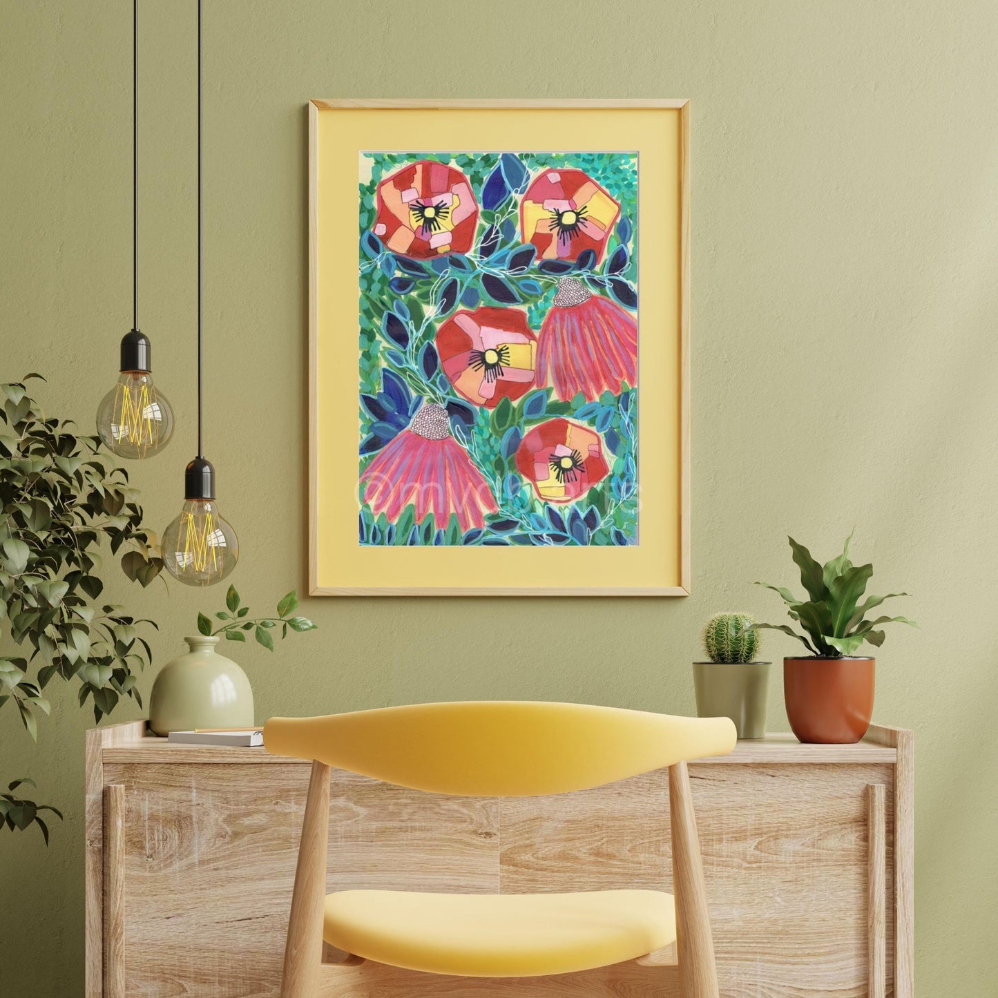 Techno Pansies Coral Green Floral Art Print | Maximalist Bold Wall Decor (A3 Instant Download)