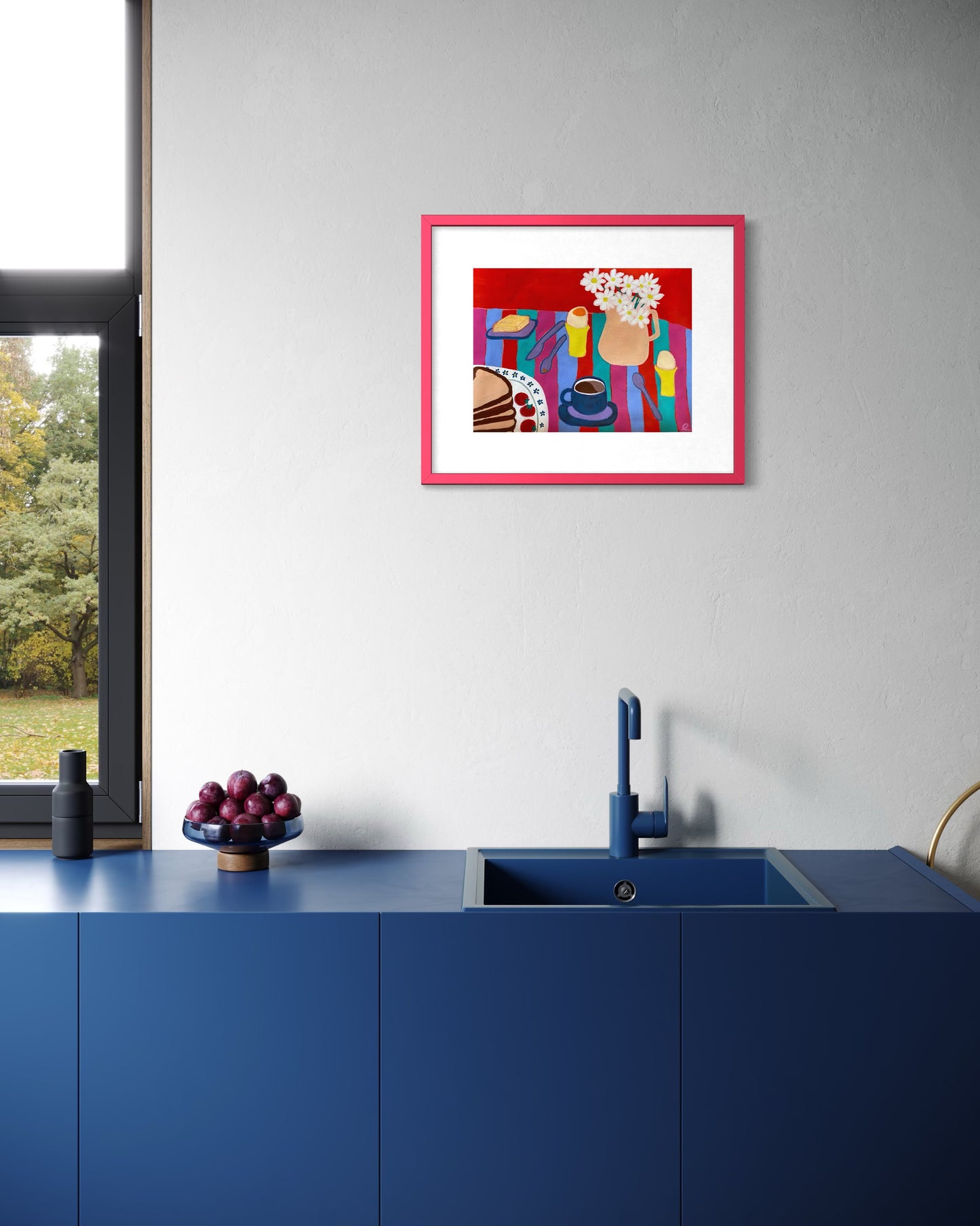Bright And Early Breakfast (Red Background) Art Print | Maximalist Bold Wall Decor (A3 Instant Download)
