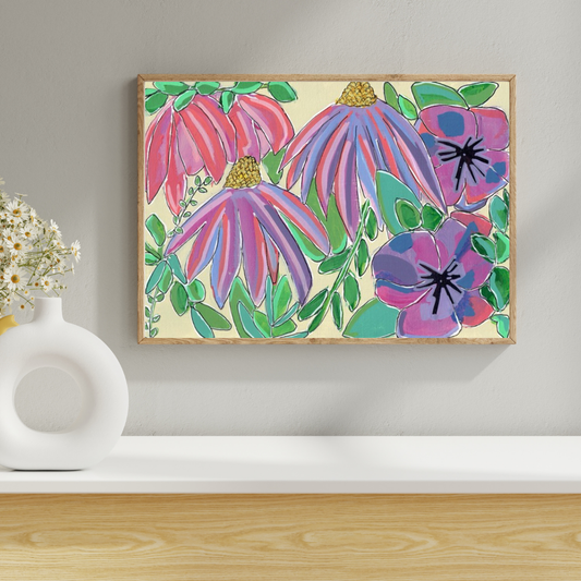 Violet Gardens Geometric Floral Art Horizontal Print | Maximalist Bold Wall Decor (A5 Instant Download)