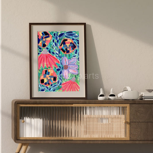 Techno Pansies Pink Echinacea Floral Art Print | Maximalist Bold Wall Decor (A3 Instant Download)