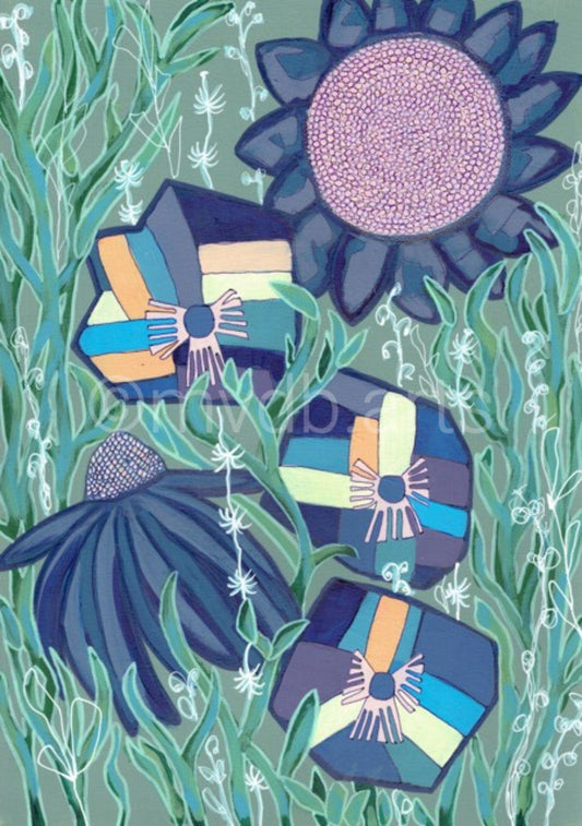 Techno Pansies Sage Green Floral Art Print | Maximalist Bold Wall Decor (A3 Instant Download)