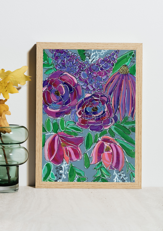 Violet Gardens Geometric Floral Art Print | Maximalist Bold Wall Decor (A5 Instant Download)