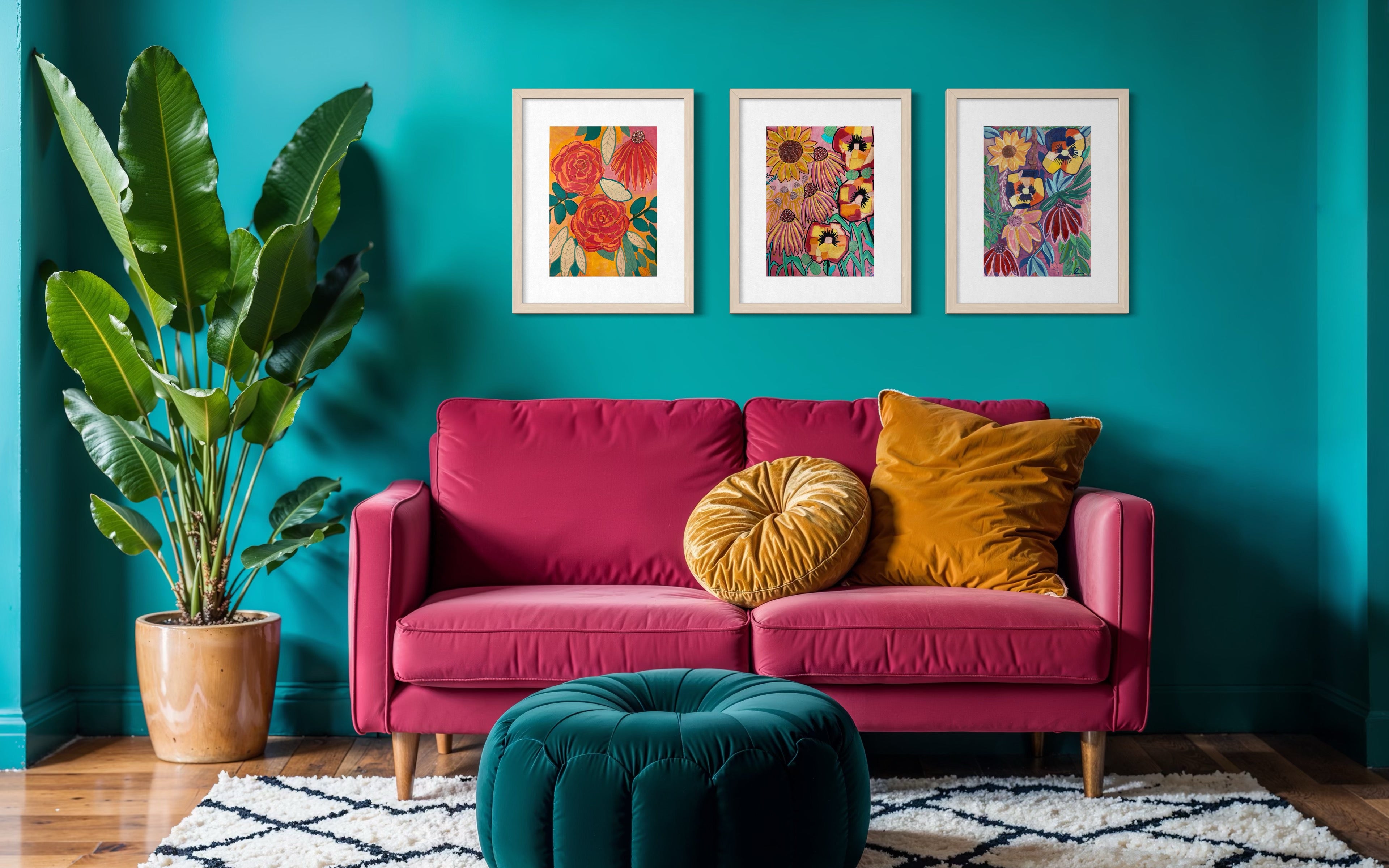 A styled interior scene with a bright magenta sofa against a teal wall, decorated with two pillows, three framed floral prints, a large potted plant, and a round teal ottoman on a patterned rug.