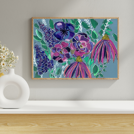 Violet Gardens Geometric Floral Art Horizontal Print | Maximalist Bold Wall Decor (A5 Instant Download)