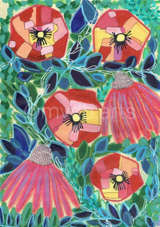 Techno Pansies Coral Green Floral Art Print | Maximalist Bold Wall Decor (A3 Instant Download)