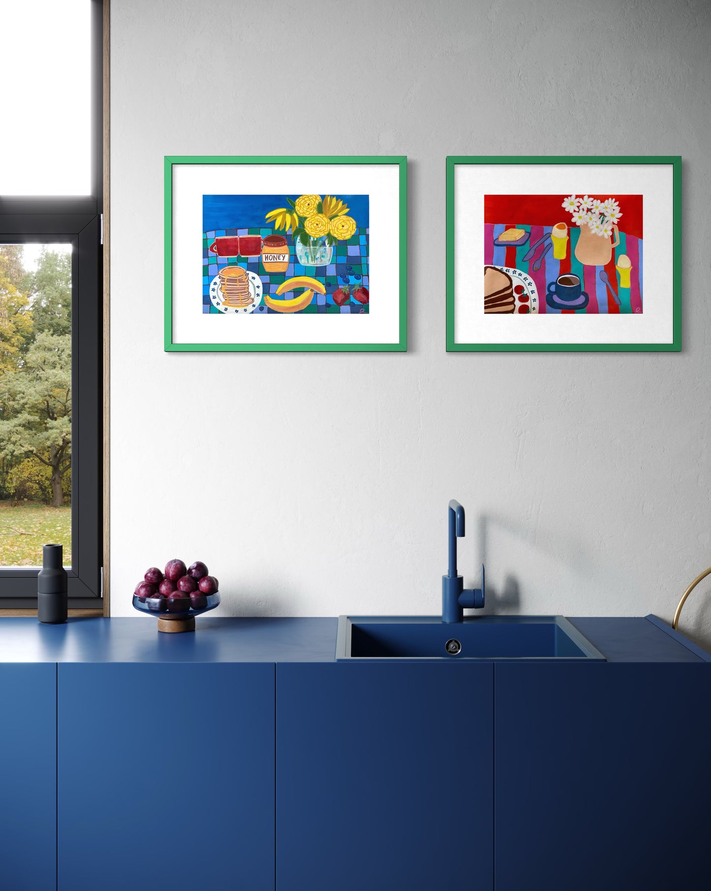 Bright And Early Breakfast (Blue Background) Art Print | Maximalist Bold Wall Decor (A3 Instant Download)
