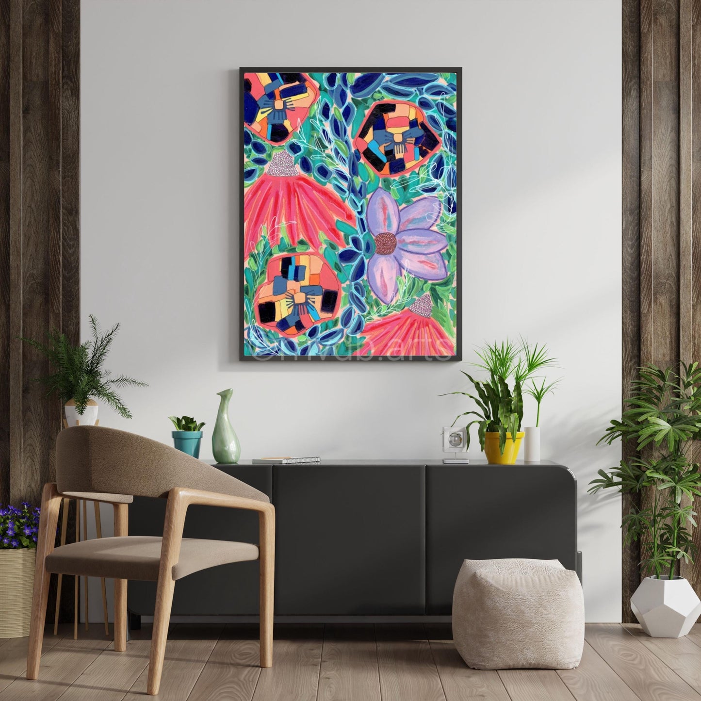 Techno Pansies Pink Echinacea Floral Art Print | Maximalist Bold Wall Decor (A3 Instant Download)