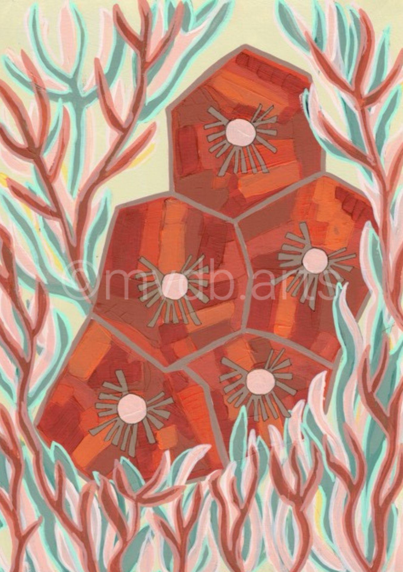 Techno Pansies Rust Coral Floral Art Print | Maximalist Bold Wall Decor (A3 Instant Download)