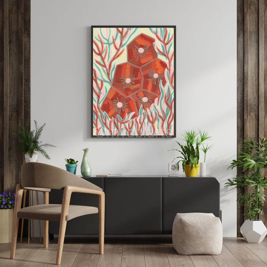 Techno Pansies Rust Coral Floral Art Print | Maximalist Bold Wall Decor (A3 Instant Download)