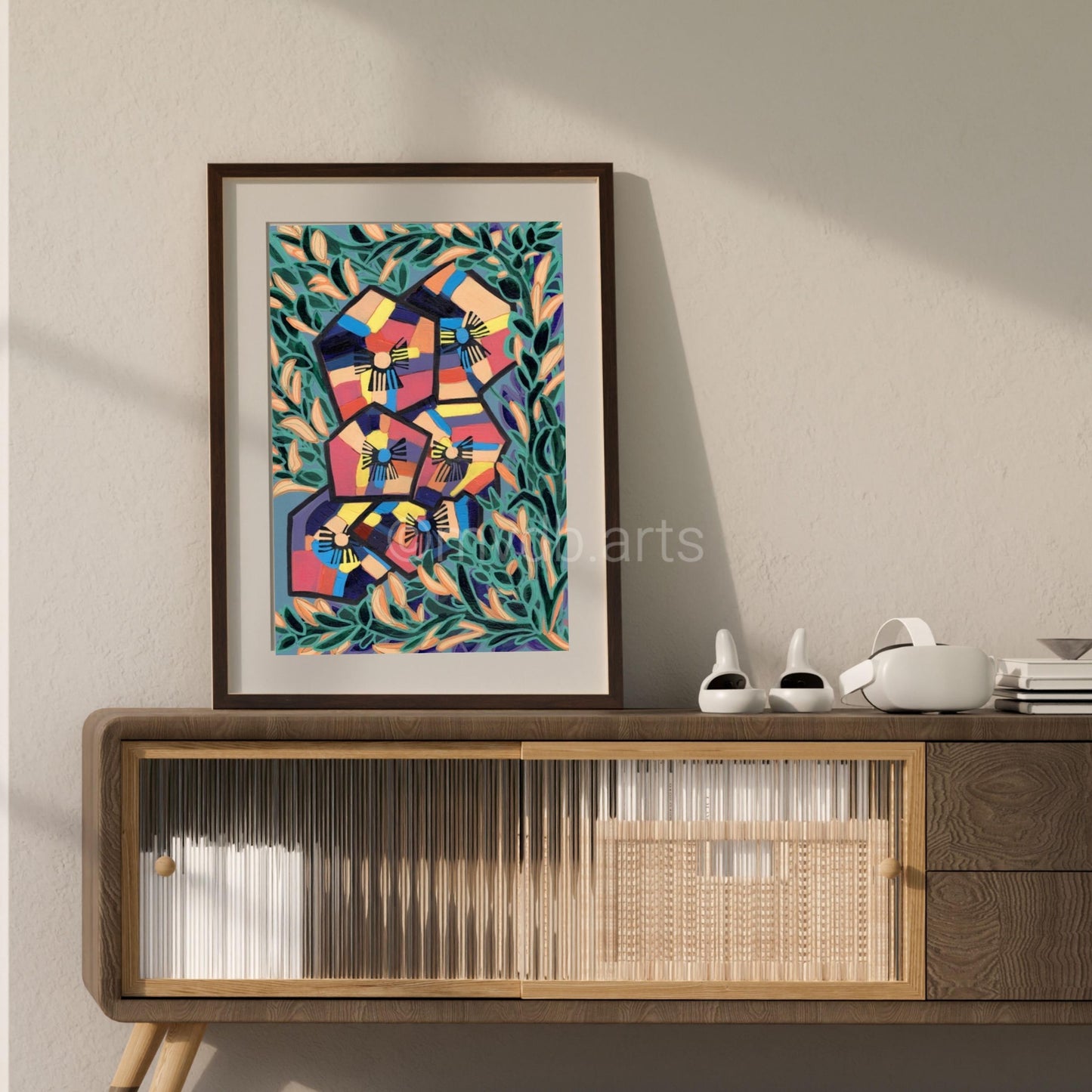 Techno Pansies Teal Garden Floral Art Print | Maximalist Bold Wall Decor (A3 Instant Download)