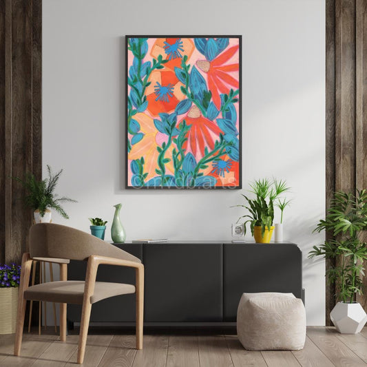 Techno Pansies Warm Botanical Floral Art Print | Maximalist Bold Wall Decor (A3 Instant Download)