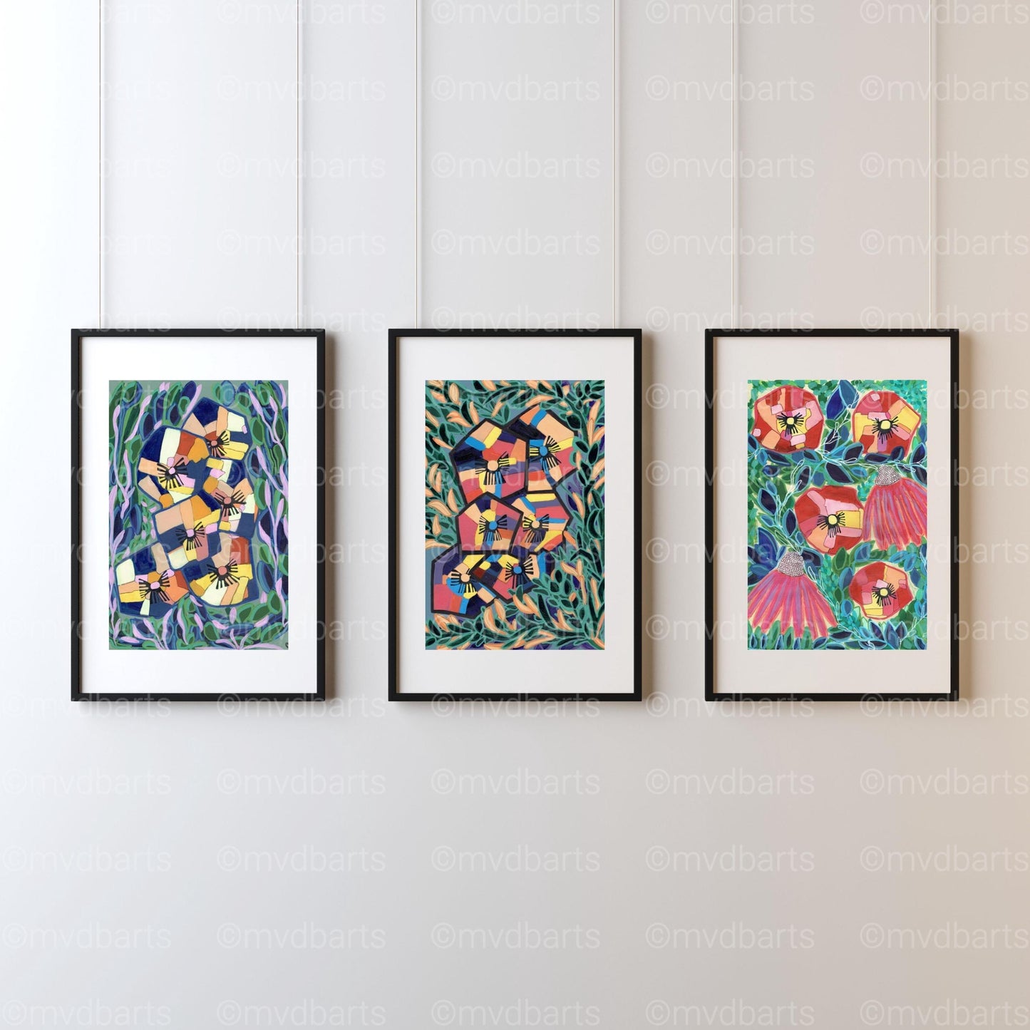 Techno Pansies Coral Green Floral Art Print | Maximalist Bold Wall Decor (A3 Instant Download)
