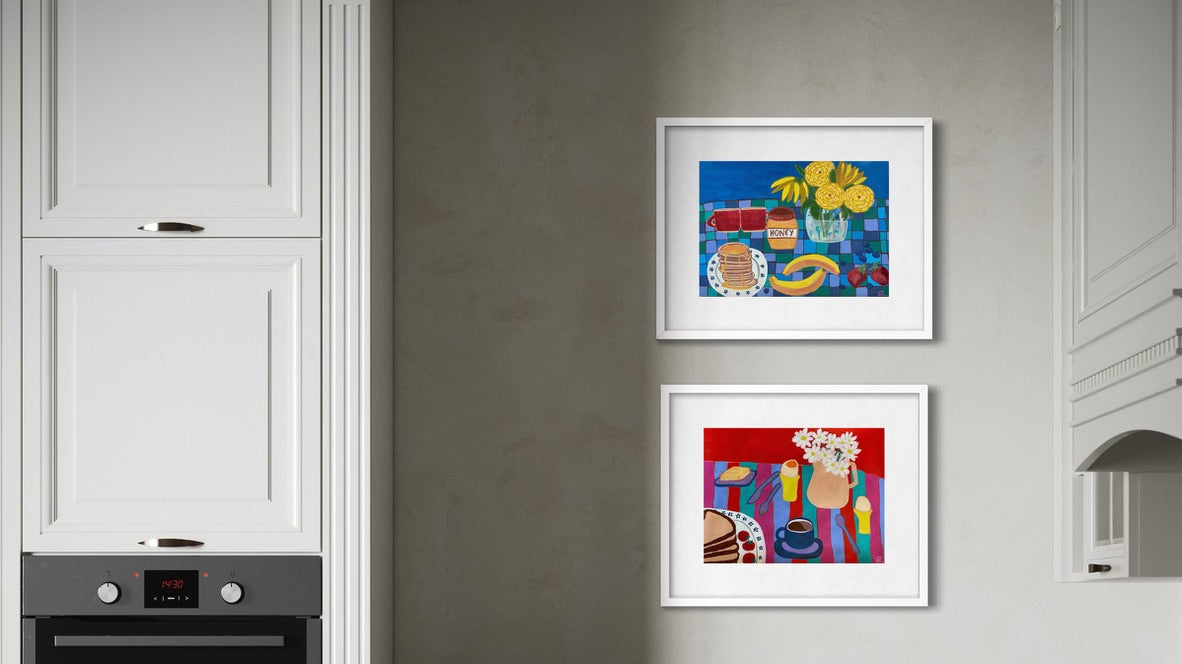 Bright And Early Breakfast (Red Background) Art Print | Maximalist Bold Wall Decor (A3 Instant Download)