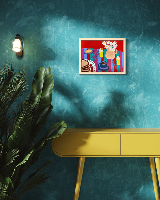 Bright And Early Breakfast (Red Background) Art Print | Maximalist Bold Wall Decor (A3 Instant Download)