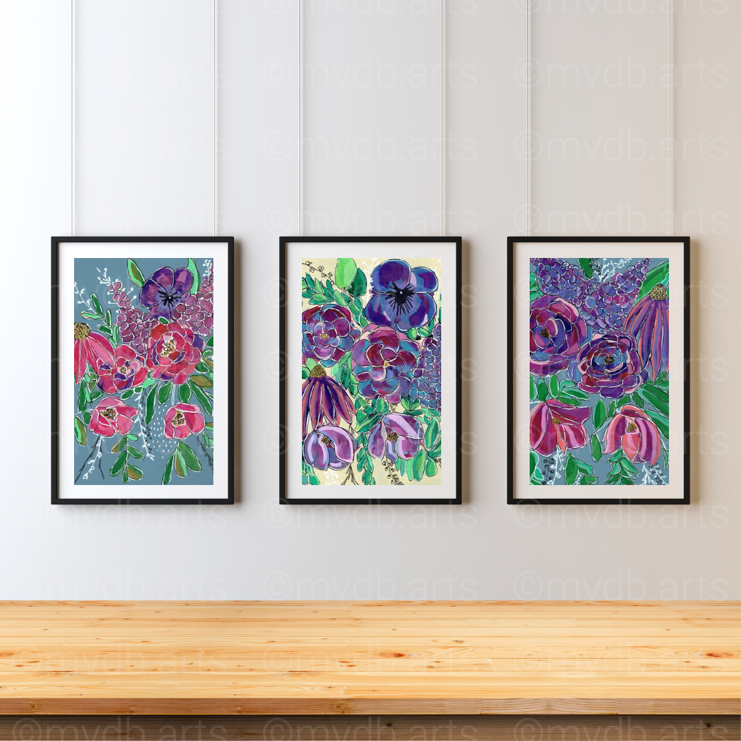 Violet Gardens Geometric Floral Art Print | Maximalist Bold Wall Decor (A5 Instant Download)