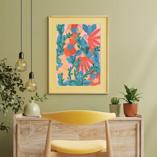 Techno Pansies Warm Botanical Floral Art Print | Maximalist Bold Wall Decor (A3 Instant Download)