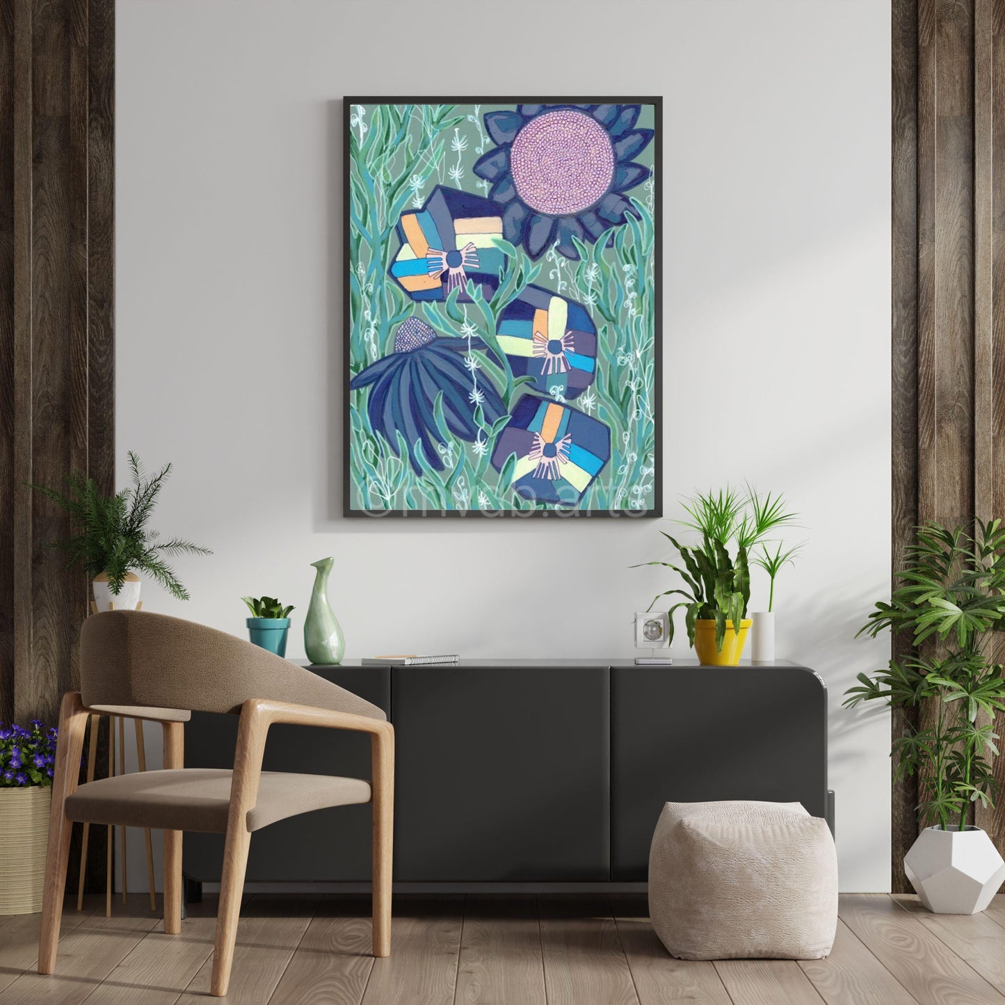 Techno Pansies Sage Green Floral Art Print | Maximalist Bold Wall Decor (A3 Instant Download)