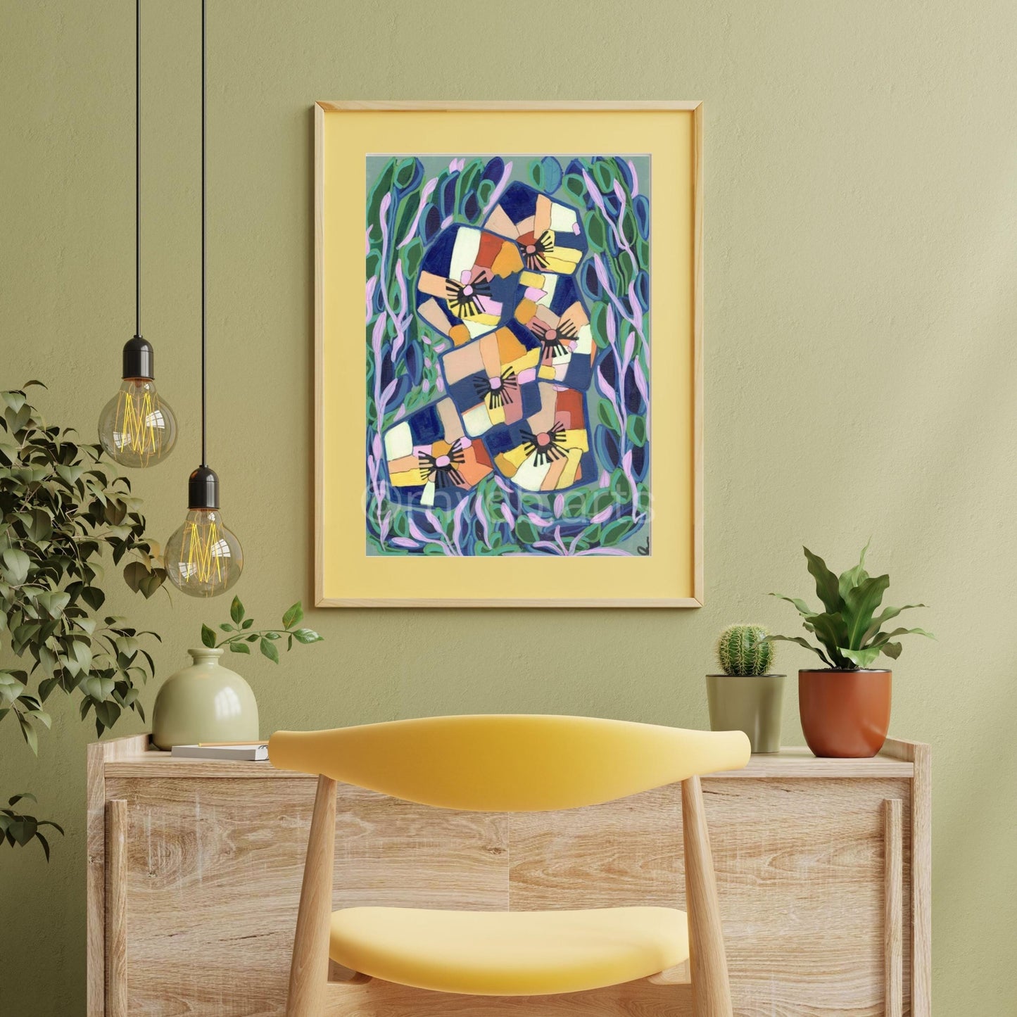 Techno Pansies Navy Geometric Floral Art Print | Maximalist Bold Wall Decor (A3 Instant Download)