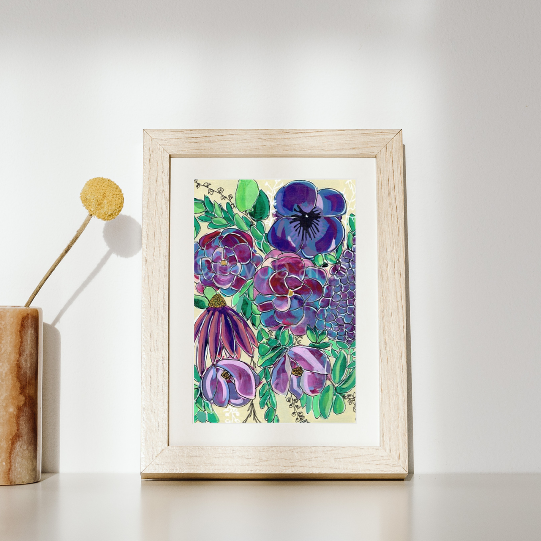 Violet Gardens Geometric Floral Art Print | Maximalist Bold Wall Decor (A5 Instant Download)