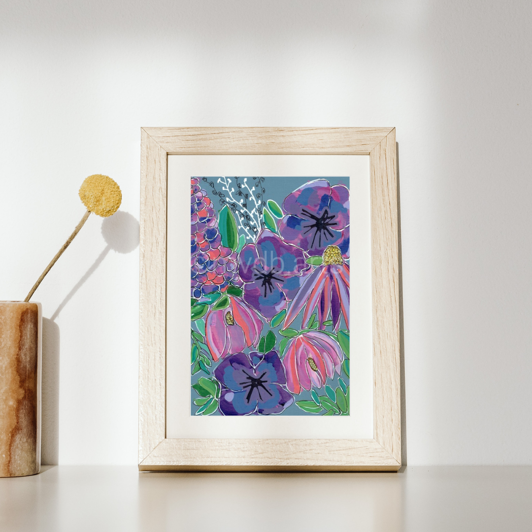 Violet Gardens Geometric Floral Art Print | Maximalist Bold Wall Decor (A5 Instant Download)