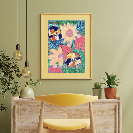 Techno Pansies Yellow Sunflower Floral Art Print | Maximalist Bold Wall Decor (A3 Instant Download)
