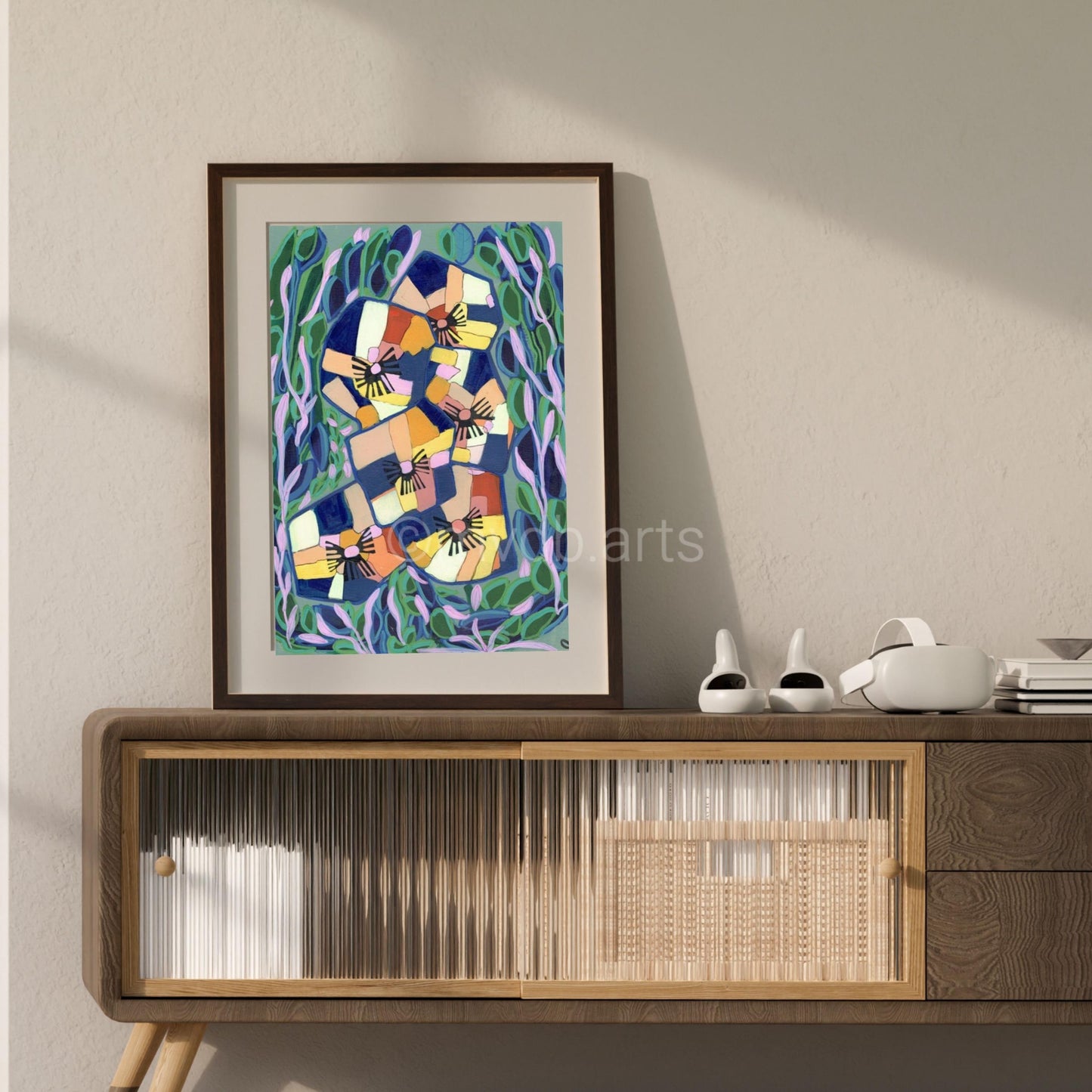 Techno Pansies Navy Geometric Floral Art Print | Maximalist Bold Wall Decor (A3 Instant Download)