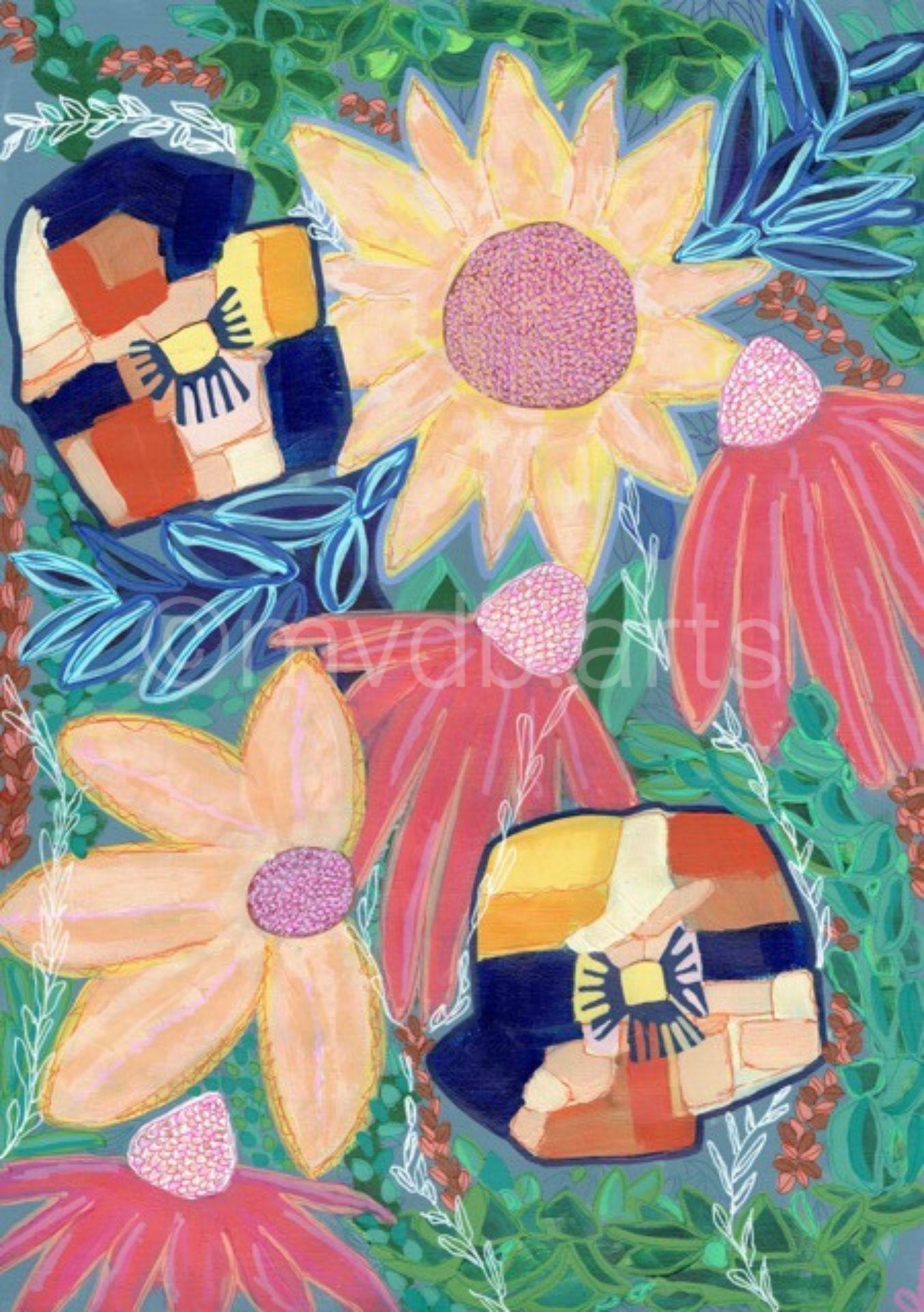 Techno Pansies Yellow Sunflower Floral Art Print | Maximalist Bold Wall Decor (A3 Instant Download)