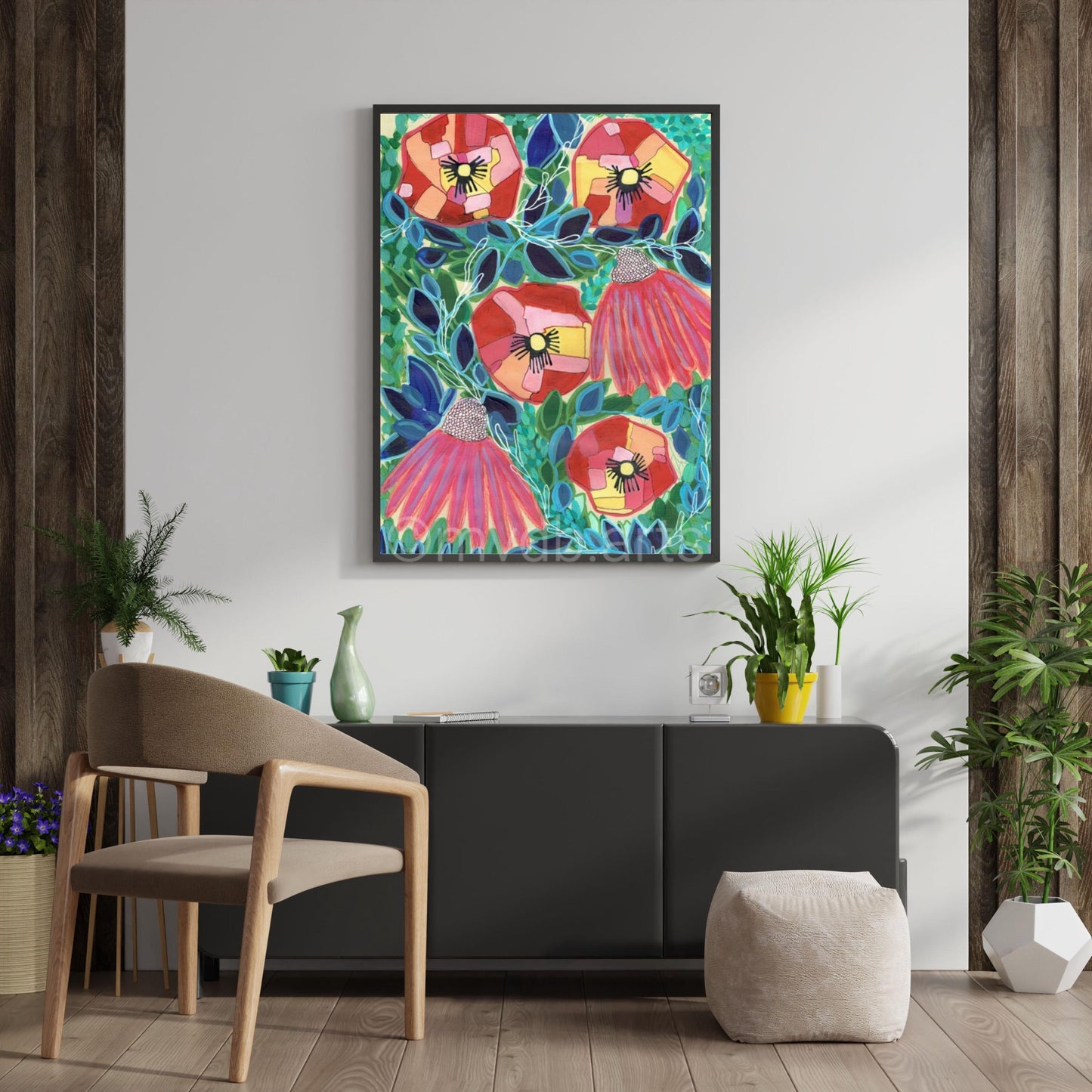 Techno Pansies Coral Green Floral Art Print | Maximalist Bold Wall Decor (A3 Instant Download)