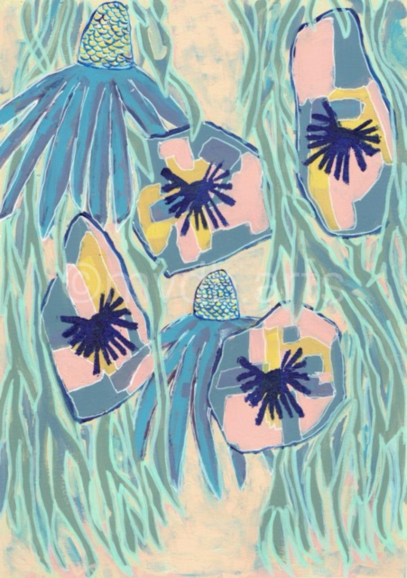Techno Pansies Midnight Blue Floral Art Print | Maximalist Bold Wall Decor (A3 Instant Download)