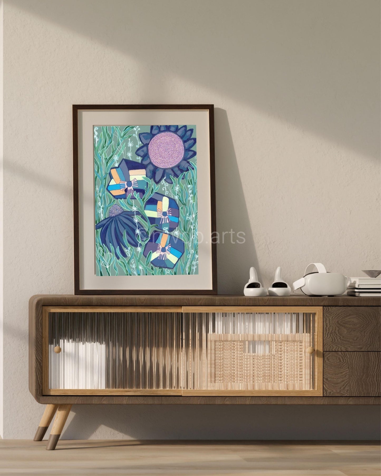 Techno Pansies Sage Green Floral Art Print | Maximalist Bold Wall Decor (A3 Instant Download)