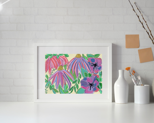 Violet Gardens Geometric Floral Art Horizontal Print | Maximalist Bold Wall Decor (A5 Instant Download)