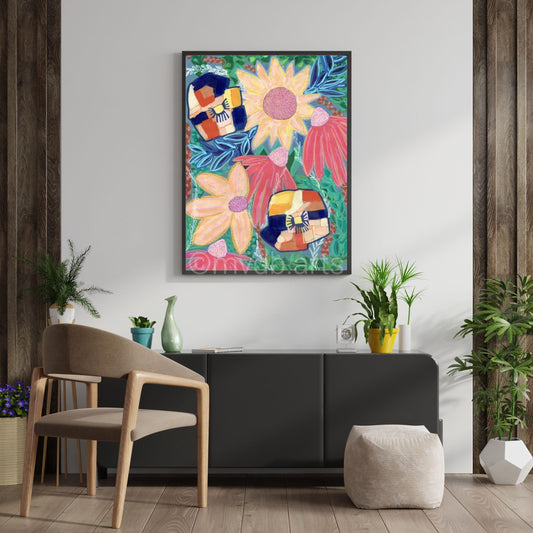Techno Pansies Yellow Sunflower Floral Art Print | Maximalist Bold Wall Decor (A3 Instant Download)