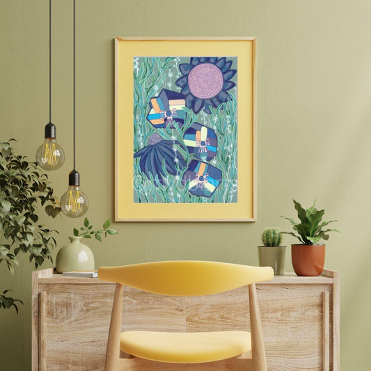 Techno Pansies Sage Green Floral Art Print | Maximalist Bold Wall Decor (A3 Instant Download)