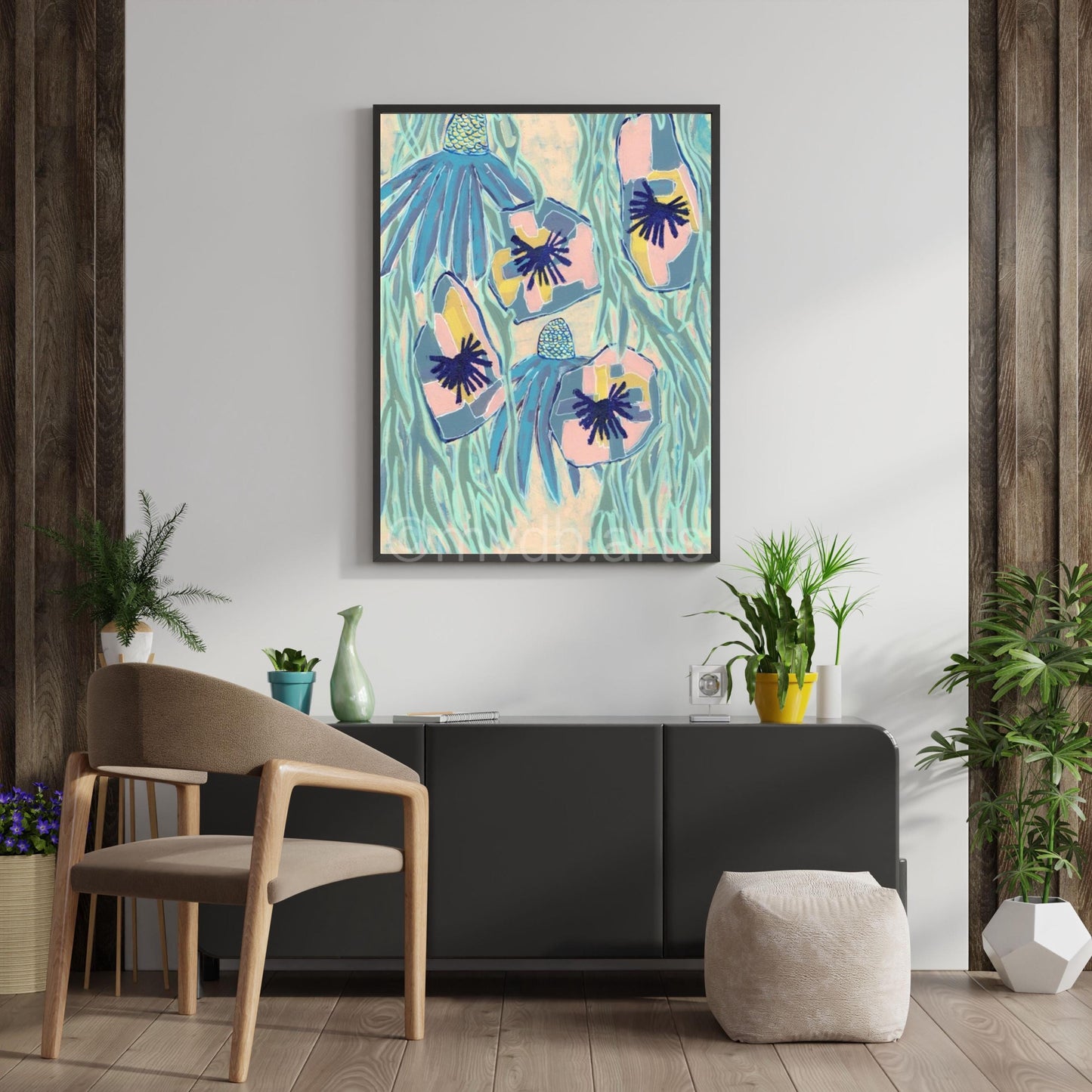 Techno Pansies Midnight Blue Floral Art Print | Maximalist Bold Wall Decor (A3 Instant Download)
