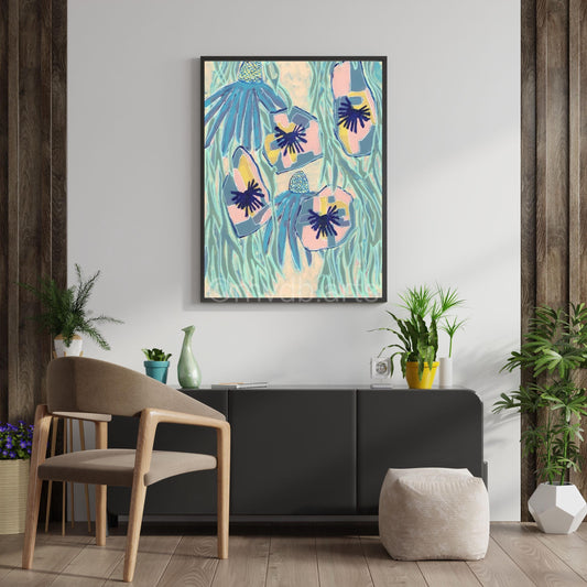 Techno Pansies Midnight Blue Floral Art Print | Maximalist Bold Wall Decor (A3 Instant Download)