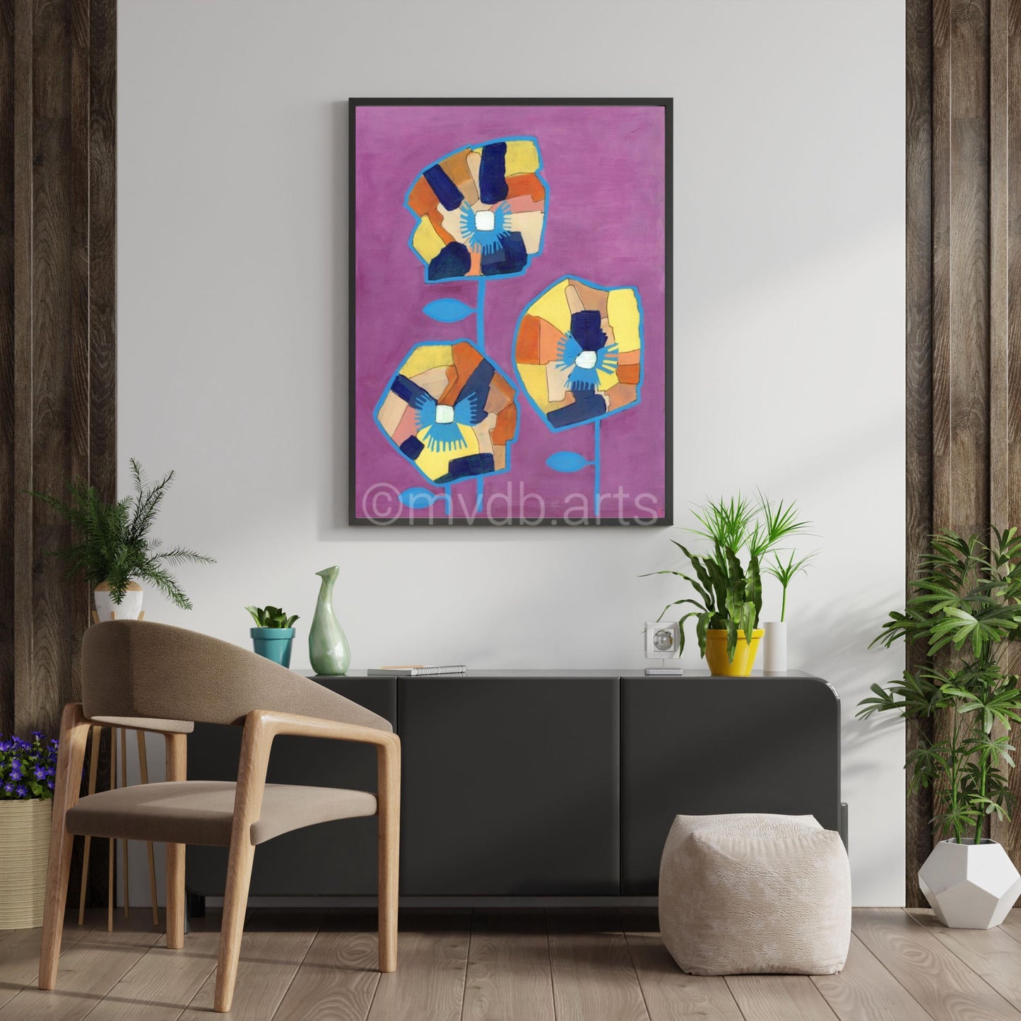 Techno Pansies Purple Bold Floral Art Print | Maximalist Bold Wall Decor (A3 Instant Download)
