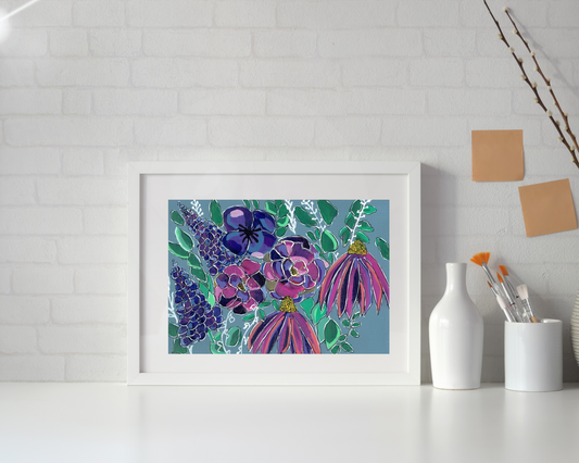 Violet Gardens Geometric Floral Art Horizontal Print | Maximalist Bold Wall Decor (A5 Instant Download)